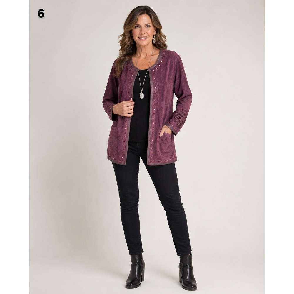Linea by Louis Dell'Olio Suede Leather Studded Jacket Plum Womens 1X Pockets NWT